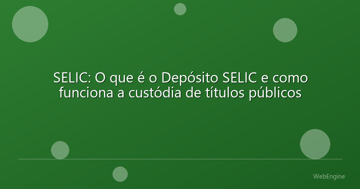 SELIC: O que é o Depósito SELIC e como funciona a custódia de títulos públicos